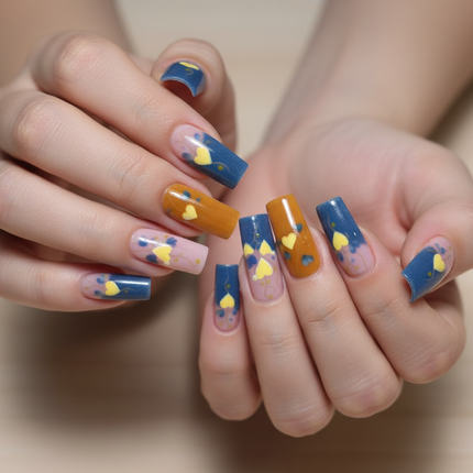 False Nails Blue/Yellow hearts