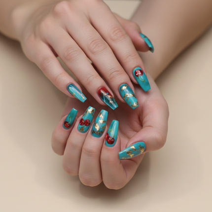 Teal/Red press on nails
