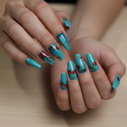 Teal/Red press on nails