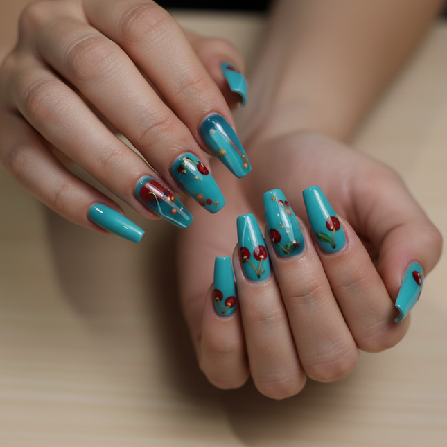 Teal/Red press on nails